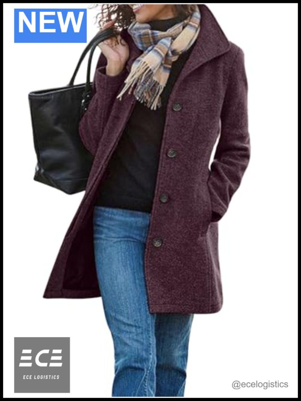 Wool Blend Pea Coat Stand Collar Single Breasted Midi Winter Outwear